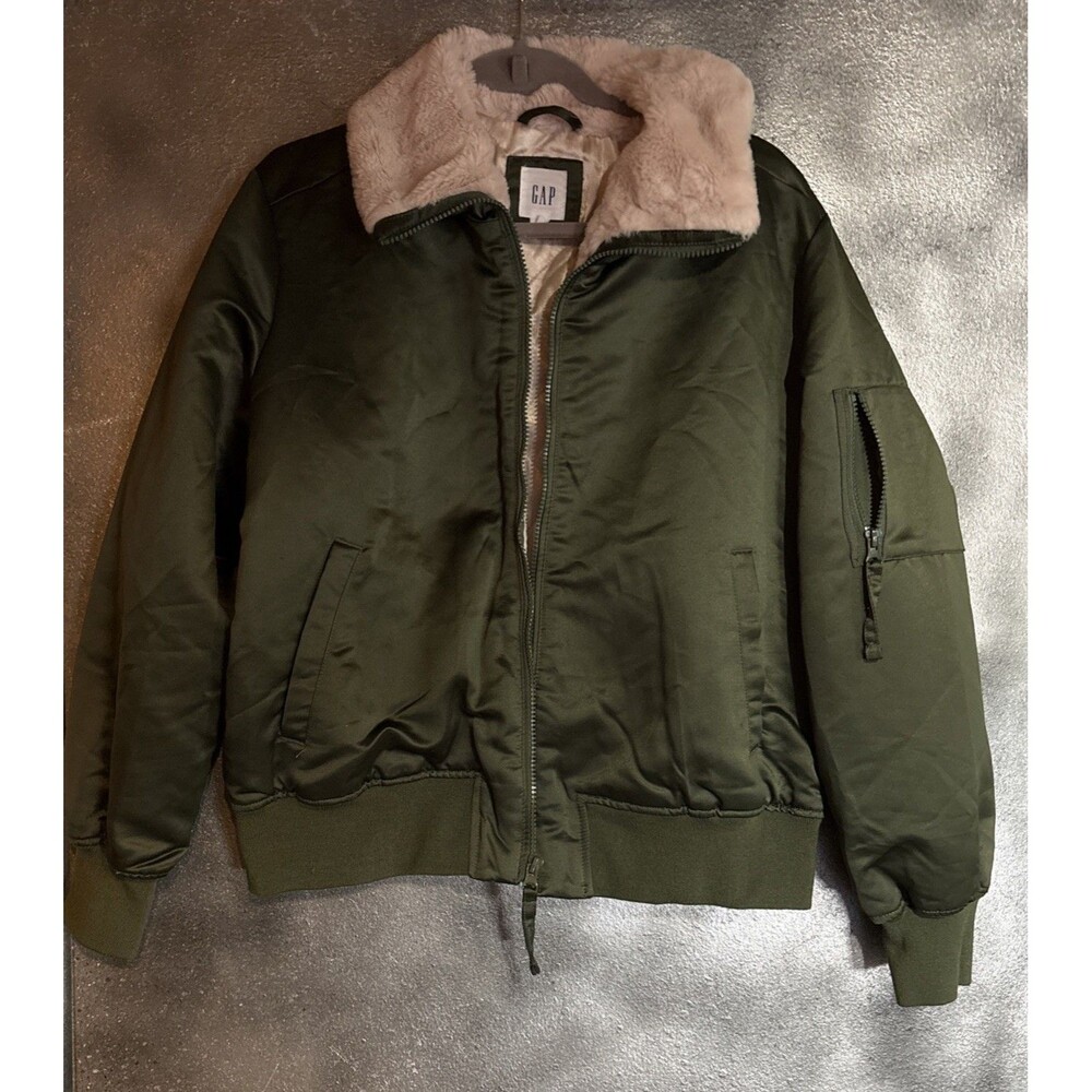 GAP flyer Jacket Faux Fur Lined Insulated Green Women's Large Cozy Fall Winter